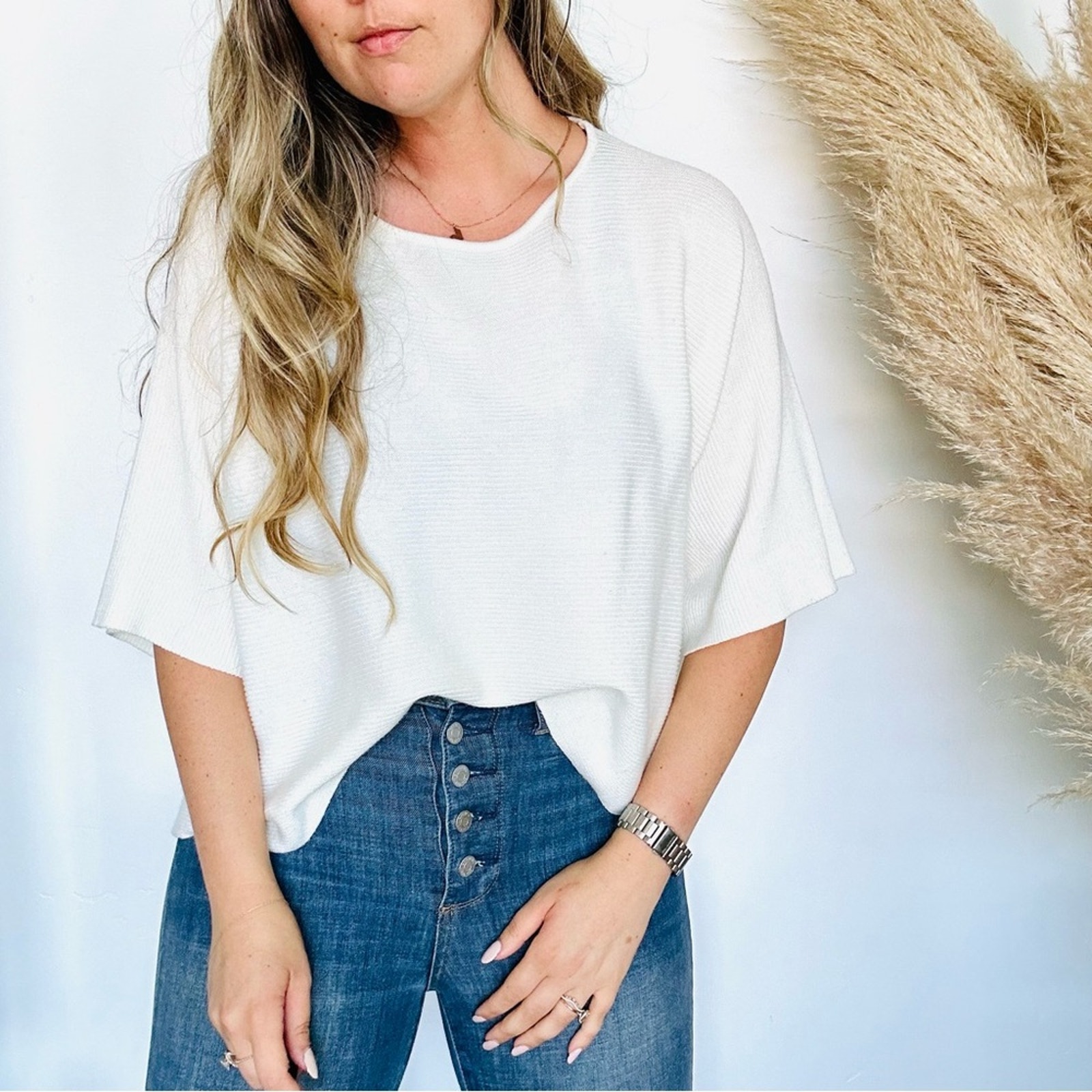 Nordstrom Fate By Lfd Creamy White Short Sleeve Stripe Slit Sweater Shirt Top M
